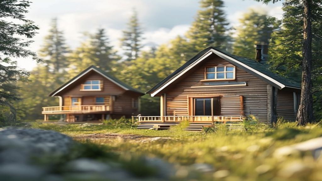 Scenic wooden cabins for sale nestled in forest with mountain views, perfect weekend retreat.