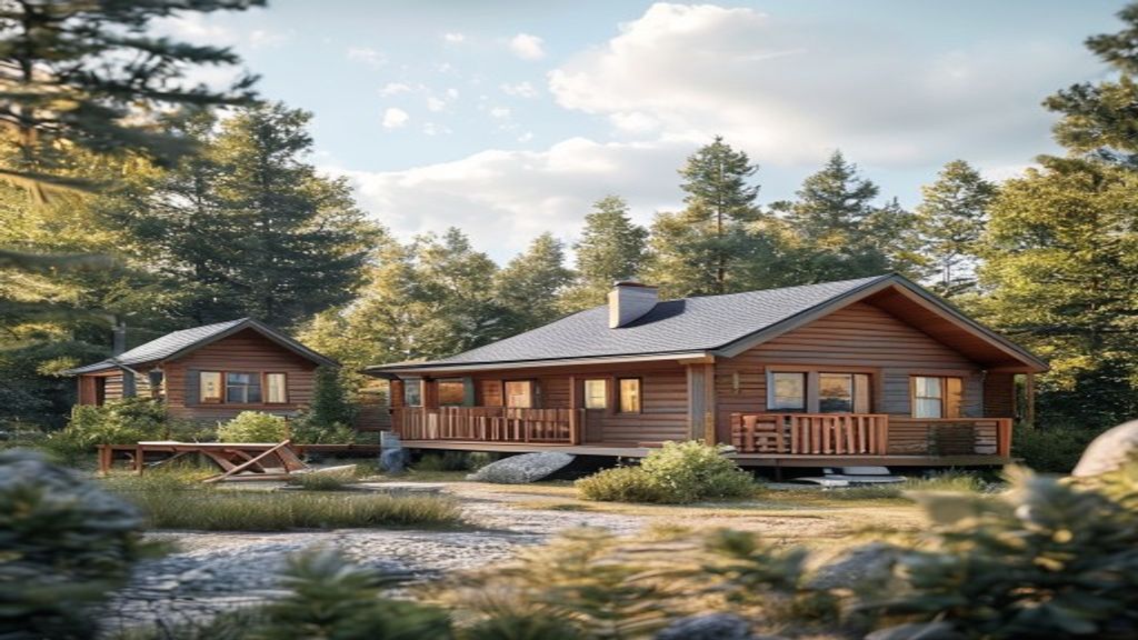 Cozy wooden cabins for sale nestled in a forest setting with modern amenities.