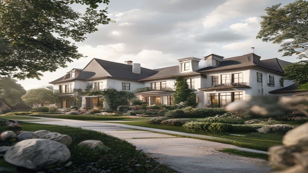 Elegant luxury country home nestled among rolling hills, featuring classic stone architecture and manicured gardens.