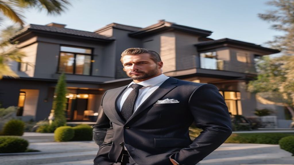 Professional luxury real estate agents presenting elegant mansion to discerning clients