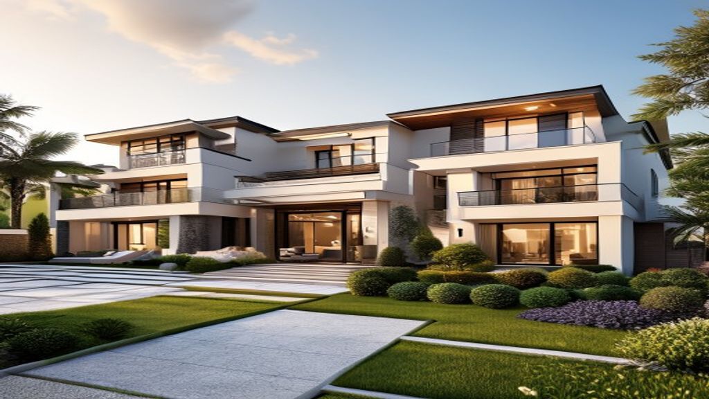 Elegant modern mansion with glass façade and landscaped garden, showcasing luxury homes for sale