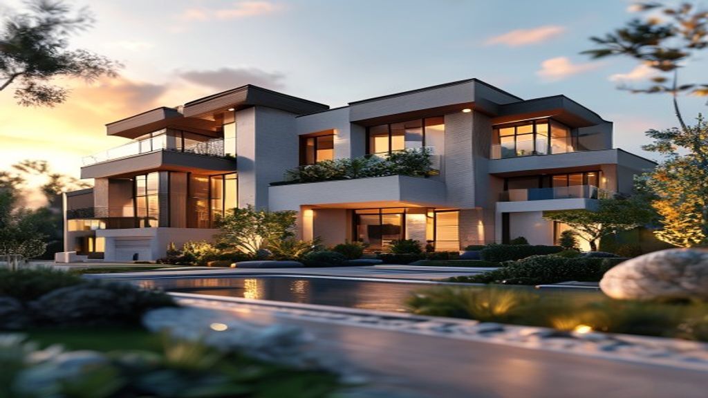 Elegant luxury real estate for sale showcasing a modern waterfront mansion with panoramic views.