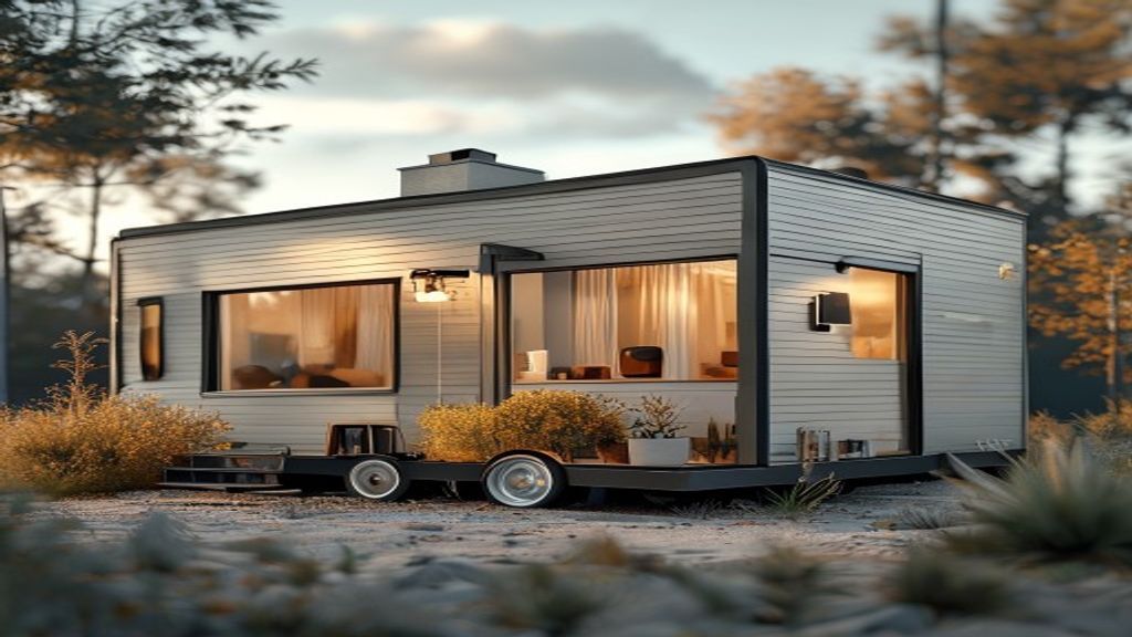 Modern mobile home with three bedrooms, a kitchen, and covered porch, currently for sale in a quiet suburb.