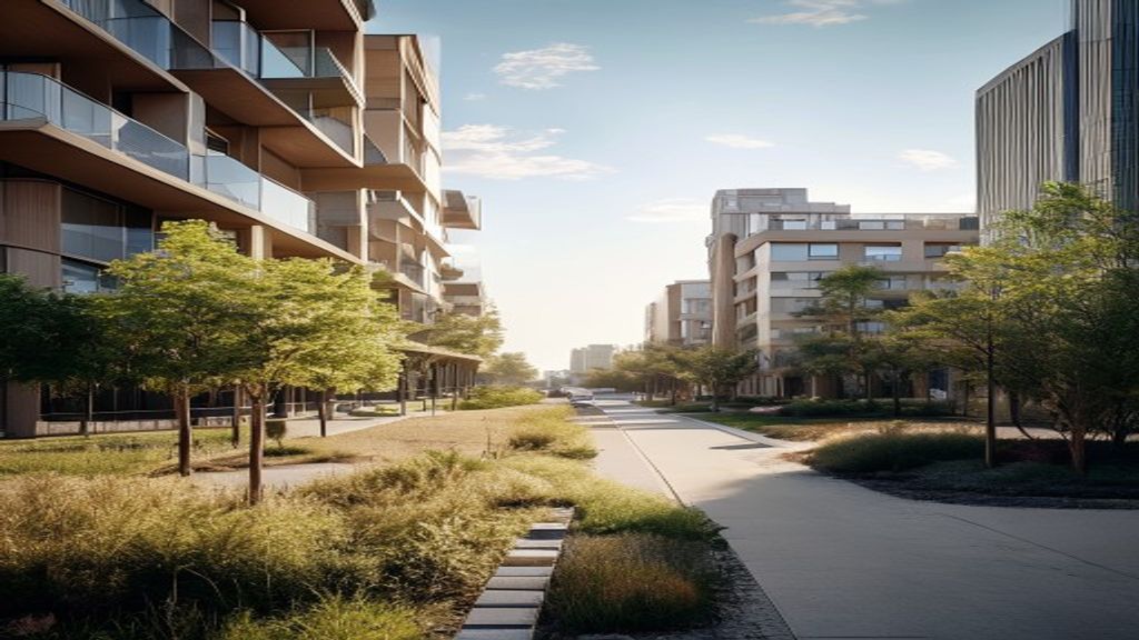 Modern new build developments featuring sleek architecture, green spaces, and contemporary amenities