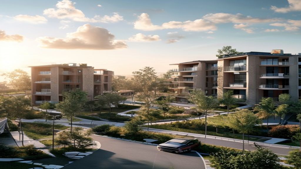 Aerial view of modern new housing developments with green spaces and contemporary homes.