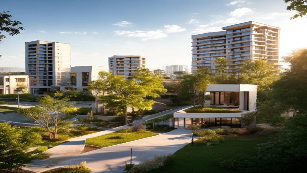 Modern apartment complexes and construction sites representing new property developments in a growing urban area