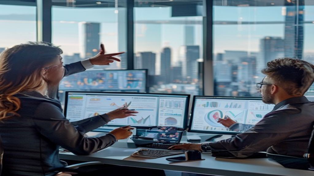 Professional real estate agency team discussing property listings in a modern office