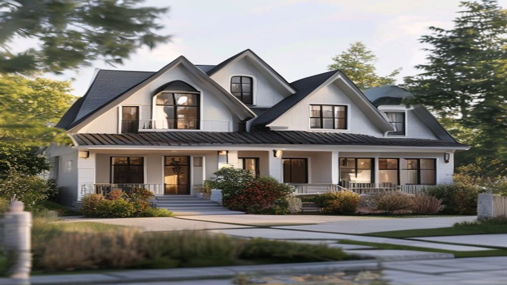 Family touring a modern rent‑to‑buy home with a “For Rent” sign and purchase options displayed.