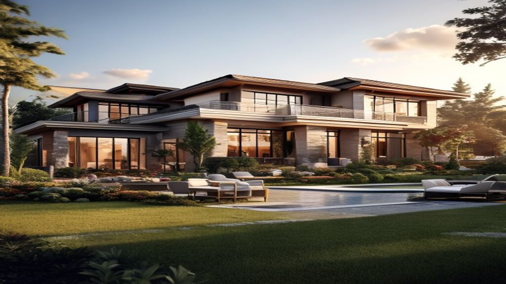 Elegant modern luxury homes featuring sleek glass facades and landscaped gardens