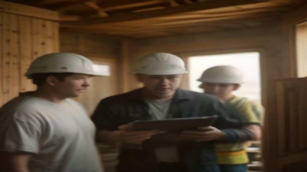 Construction workers assembling a new house frame with wooden beams and machinery.